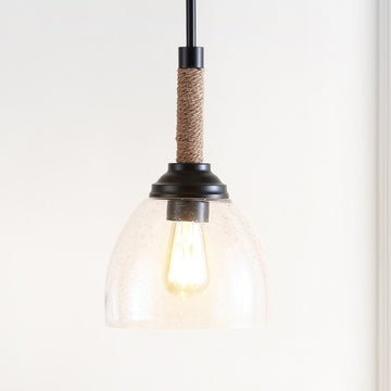 Alys 7.63" Adjustable Rope Wrap Modern Rustic Iron/Glass LED Pendant - JONATHAN Y